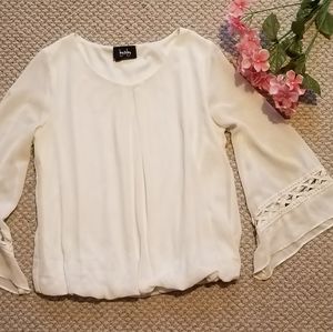 Ivory Bell-Sleeve Blouse with Crochet Trim